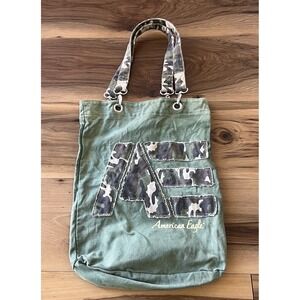 Vtg American Eagle Camo Distressed‎ Patch Green Tote Y2K Preppy School Work